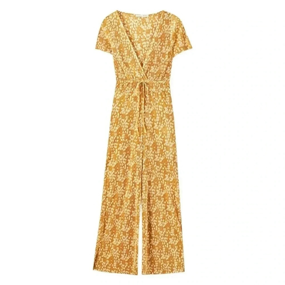Pull&Bear Floral Yellow Gold Pleated Crossover V-Neck Wide-Leg Jumpsuit - Small